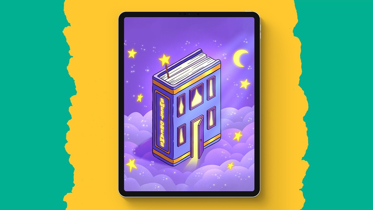Isometric book house art with flo
